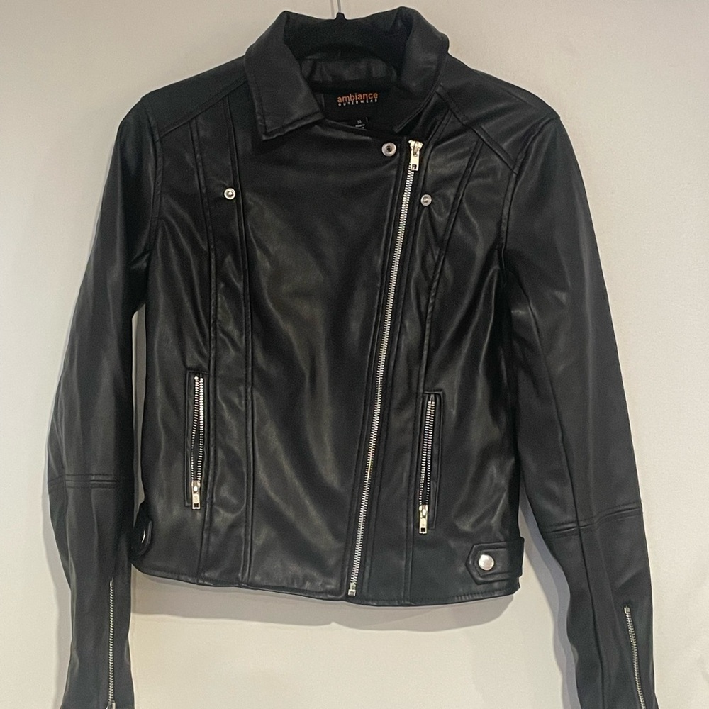 Ambiance Black Vegan Leather Biker Jacket with Silver Accents